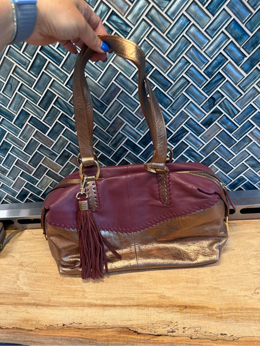 Sharif Burgundy and Metallic Brown Two-Tone Leather Shoulder Bag